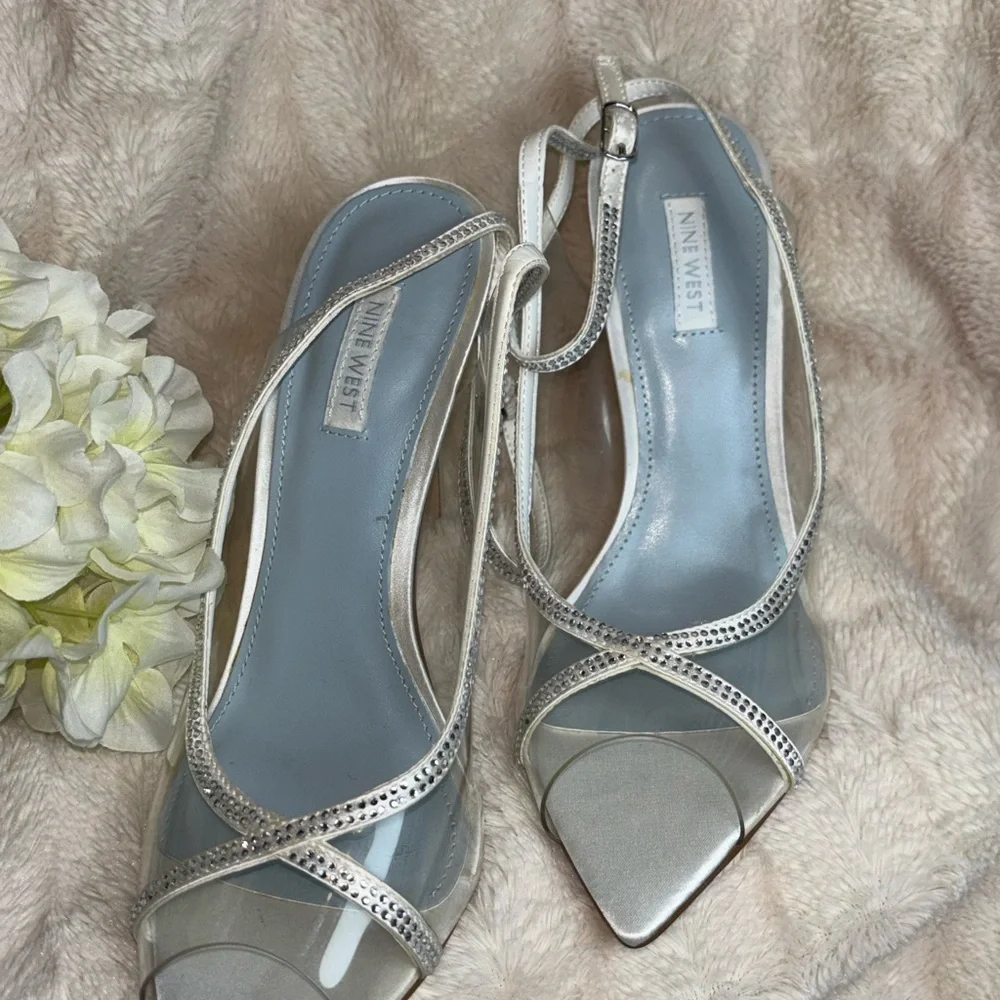 Nine West Silver Strappy Heels size 9 white color